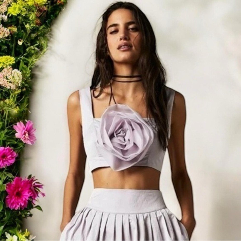Free People Rose Quartz 3D Floral Crop Tank FairyCore Feminine Dainty Flirty L